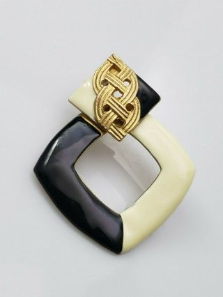 Vintage Don Lin Earrings Black White Enamel Braid Design Gold Tone Triangle 3