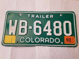 Vintage 1970s Issue Colorado Trailer License Plate Wb - 6480 Green White 82 Tags