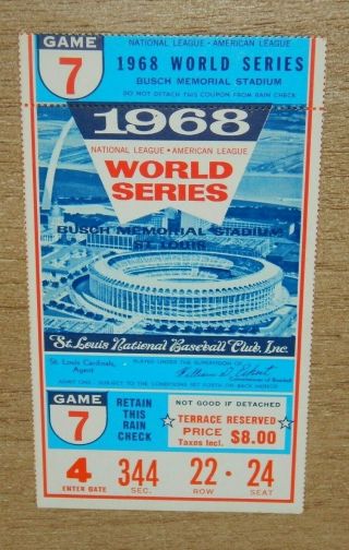 1968 World Series Game 7 Ticket Stub Busch Memorial Stadium Tigers / Cardinals