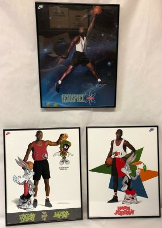 Three Vintage Framed Michael Jordan “space Jam” Mini - Posters – 20”x16” Each