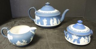 Antique Pre - 1850s Wedgwood Cobalt Blue Jasperware Tea Set