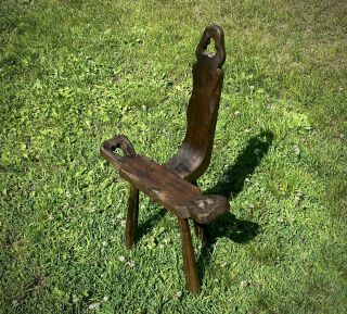Antique Primitive Wood Carved 3 Legged Birthing Chair Long Back