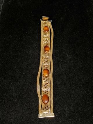 Vintage Estate Celebrity Ny Gold Tone Mesh Brown Glass Cabochon Bracelet