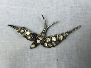 Antique Victorian - Art Nouveau 935 Silver White Glass Paste Swallow Bird Brooch