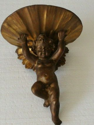 Charming Old Gilt Gesso Cupid Putto Holding Shell Wall Hanging B