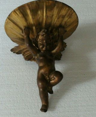 Charming Oldgilt Gesso Cupid Putto Holding Shell Wall Hanging A