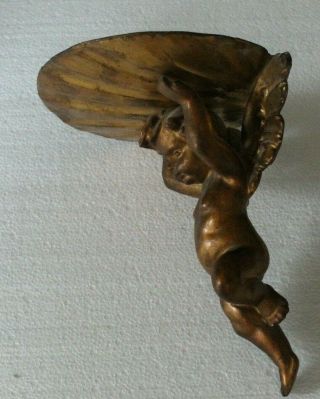 CHARMING OLDGILT GESSO CUPID PUTTO HOLDING SHELL WALL HANGING A 2