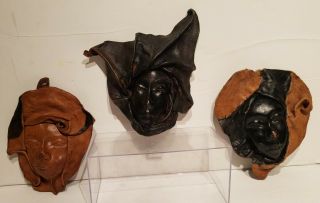 3 Vintage African Leather Masks.  Hand Made.  Nr