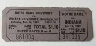 1933 Notre Dame Vs Indiana Football Full Ticket 9/14 At Indiana