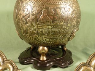 Antique Chinese Brass Bronze Censer on Wooden Base,  Dragons Etc 2