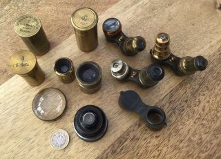 13 X Antique Brass Microscope Lenses,  By E.  Leitz,  Gundlach,  Beck,  Watson,  Etc.