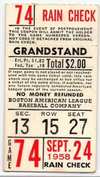 Sept 24,  1958 Red Sox Vs Yankees Ticket Stub,  Mantle Hr 249,  Williams 2 Hits