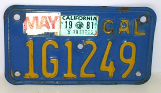 California Vintage Motorcycle Blue/yellow License Plate 1g1249 May 1981 Tab Hole