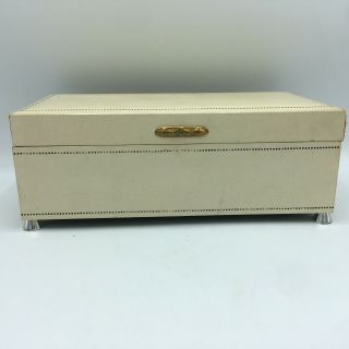 Vintage Jewelry Box,  2 Tier,  Satin Beige Leatherette,  Red Velvet W Mirror