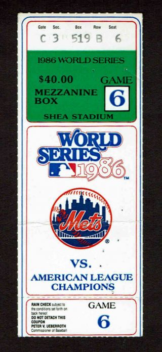 1986 World Series Ticket Stub Game 6 Boston Red Sox Vs York Mets
