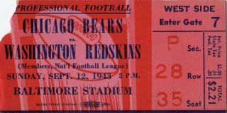 1943 World Champion Chicago Bears Vs Washington Redskins Ticket Stub - Wwii