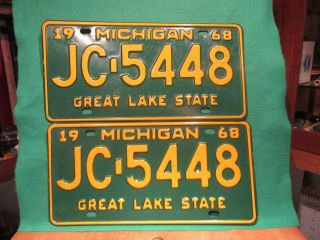 Vintage Pair 1968 Michigan License Plates Set Jc - 5448 Great Lakes State