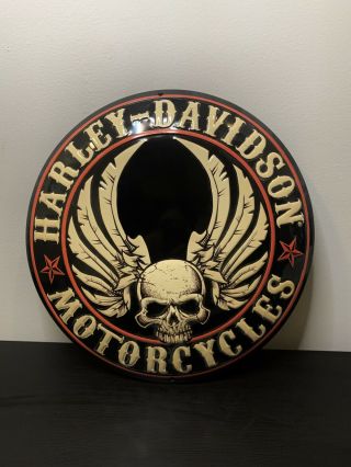 Harley - Davidson Embossed Flying Skull Button Round Tin Sign,  14 Inch