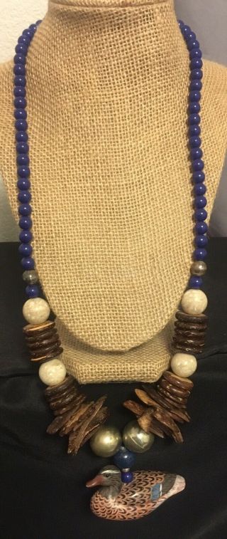Vintage Hand Crafted Painted Wood Duck Unique Blue Brown Beaded Necklace