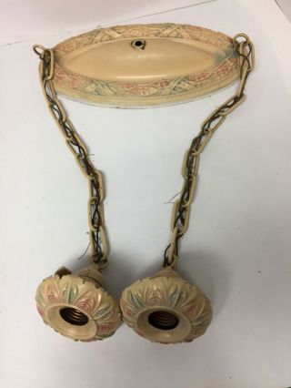 TWO VINTAGE FLUSH CEILING LIGHTS WITH TWO HANGING LIGHTS ON EACH 2