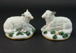 Pair Antique Staffordshire Style Pottery Figurines Of Sheep Chelsea Gold Anchor