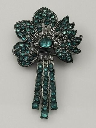 Vintage Art Deco Flower Teal Blue Rhinestone Brooch Pin Gunmetal Silver Metal