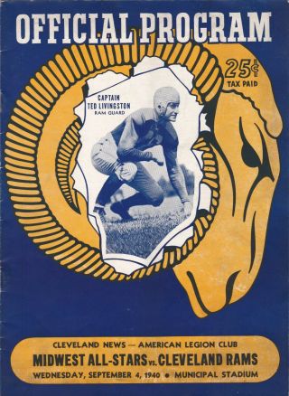 Cleveland Rams Vs.  Midwest All - Stars Official Program,  September 4,  1940,  Vg