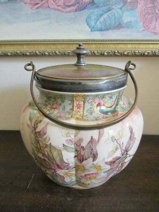 Antique Doulton Burslem England Large Porcelain Biscuit Jar Brass Handle Flowers