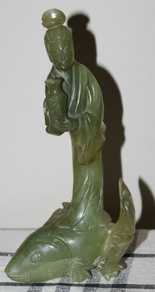 Estate Find Antique Chinese Figure Jade Statue Guanyin On A Fish