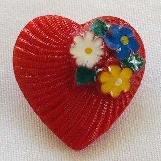 Vintage Red Glass Heart Shaped Button W/painted Flowers 13/16 "
