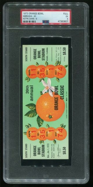 Psa Ticket Football 1973 Orange Bowl Nebraska - 40 Notre Dame - 6 Full Psa 5