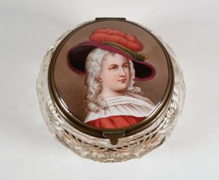 Antique Glass Crystal Dresser Jar Box Decorated Porcelain Portrait Hinged Lid