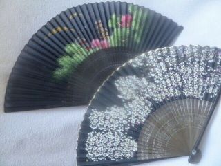 2 Vintage Japanese Bamboo & Black Silk Hand Painted Folding Fans