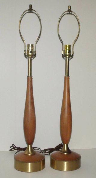 Pair Vintage Danish Modern Wood Table Lamps With Brass Accents Tony Paul Era