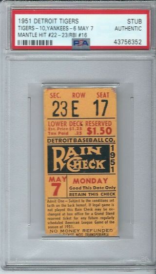 1951 Mickey Mantle Yankees Rookie Baseball Ticket May 7 Hits 22,  23 Rbi 16 Psa