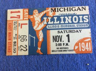 1941 Michigan Vs Illinois Football Ticket At Illinois Memorial Stadium