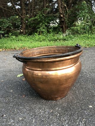 Large Antique Hammered Copper And Brass Planter Cauldron Pot Cast Iron Handle