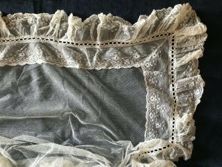 Antique Baby Handmade Bedspread 86cm By 65cm - Needle Lace Flounce & Silk Tulle