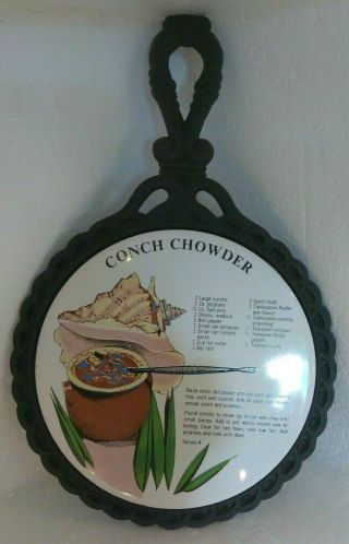 Vintage Conch Chowder Recipe Trivet Cast Iron & Ceramic Tile With Handle 13