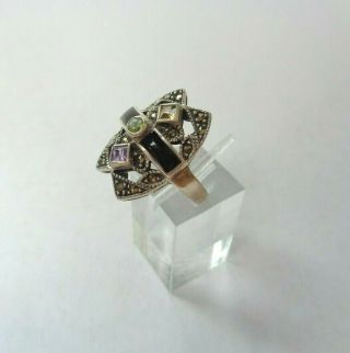 Vintage Nf Art Deco Inspired Sterling Silver 925 Marcasite Onyx Topaz Ring Sz 7