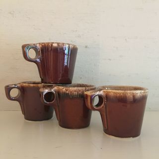 Set Of 4 Vintage Hull Pottery Brown Drip Glaze O - Handle Coffee Mugs/cups