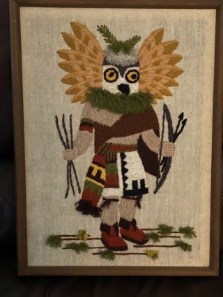 Vtg Crewel Embroidered Owl Kachina Completed Wood Framed 12x16