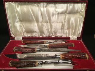 Antique Stag Horn Handle Carving Set 5 Pc /box