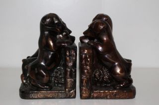 Vintage Pair Metal Book Ends W/bronze Finish - 3 Hound Dog Puppies