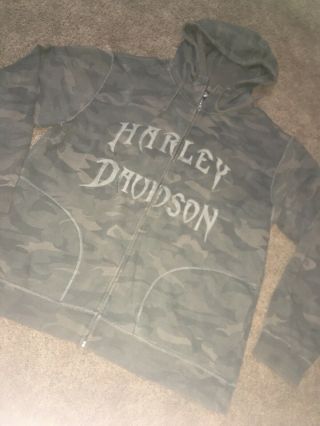 Harley Davidson Mens Large Camo Green Zip Hoodie Jacket Euc Runs Big