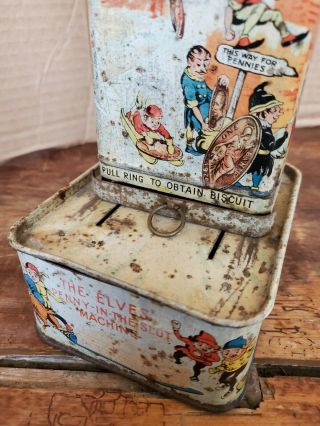 Antique Huntley & Palmers British Biscuit Tin ' Penny in the Slot ' 1936 2
