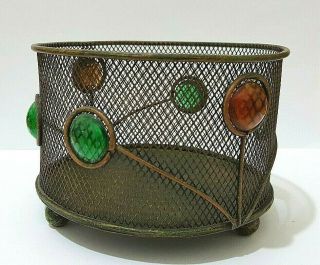 Round Brass Mesh Jewelry Box Trinket Organizer With Glass Beads Decorative Vtg
