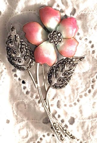 Vtg Pink Enamel Sterling Silver Marcasite Flower Brooch Antique Art Deco Pin