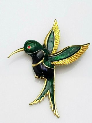 Vintage Hummingbird Brooch Pin Green Enamel Gold Tone Red Rhinestone Eye Lovely