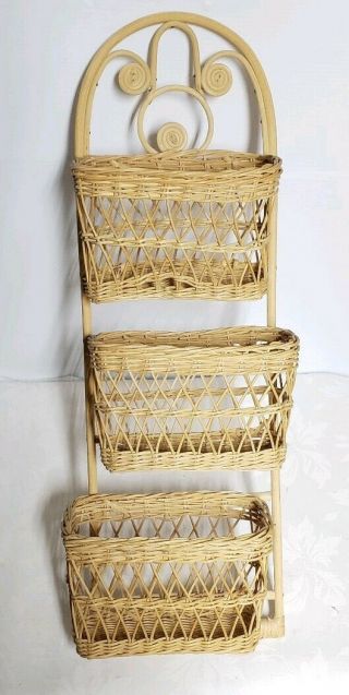 Vintage Wicker And Rattan Wall Organizer With 3 Woven Wicker Storage Baskets